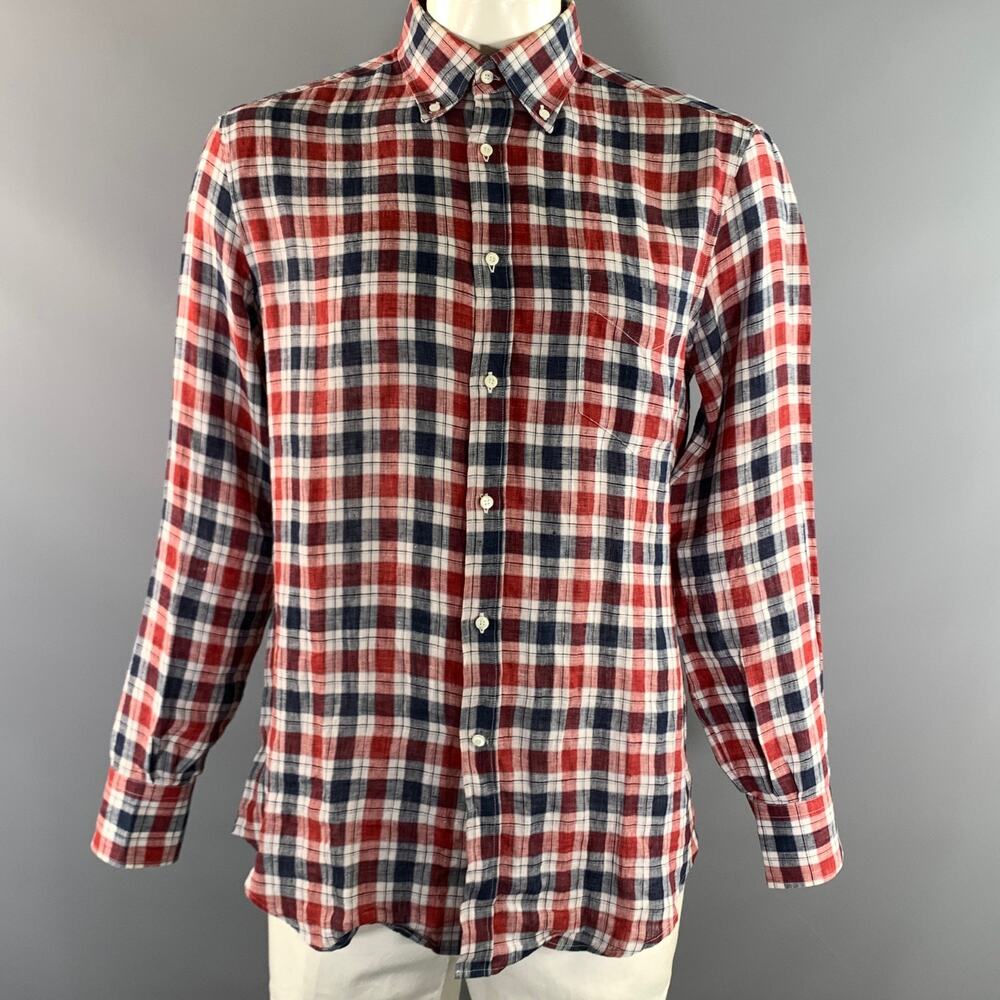 BRUNELLO CUCINELLI Size XL Red White & Blue Plaid Linen Long Sleeve Shirt
